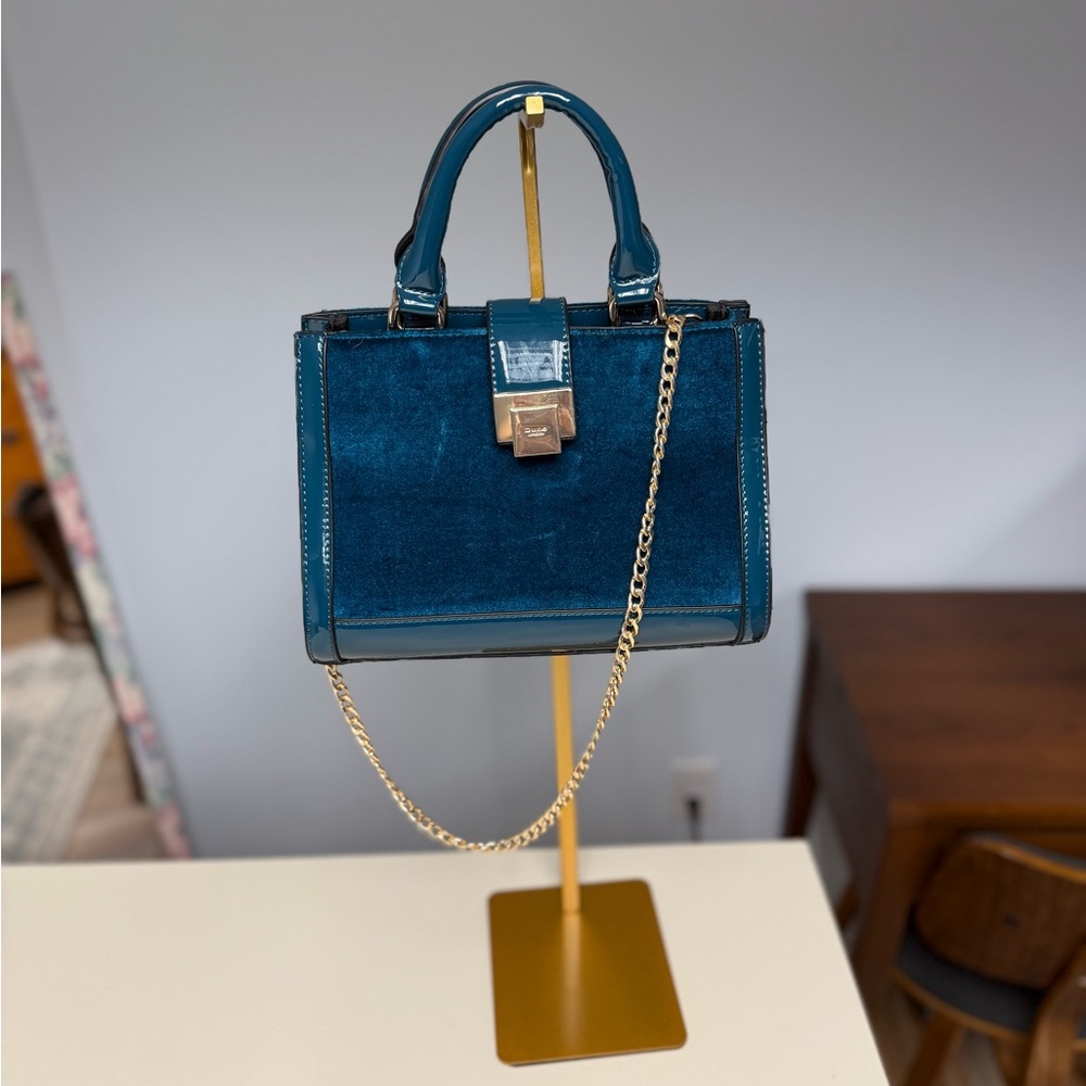 Teal Dune London Velvet Top Handle Bag with Gold Crossbody Chain